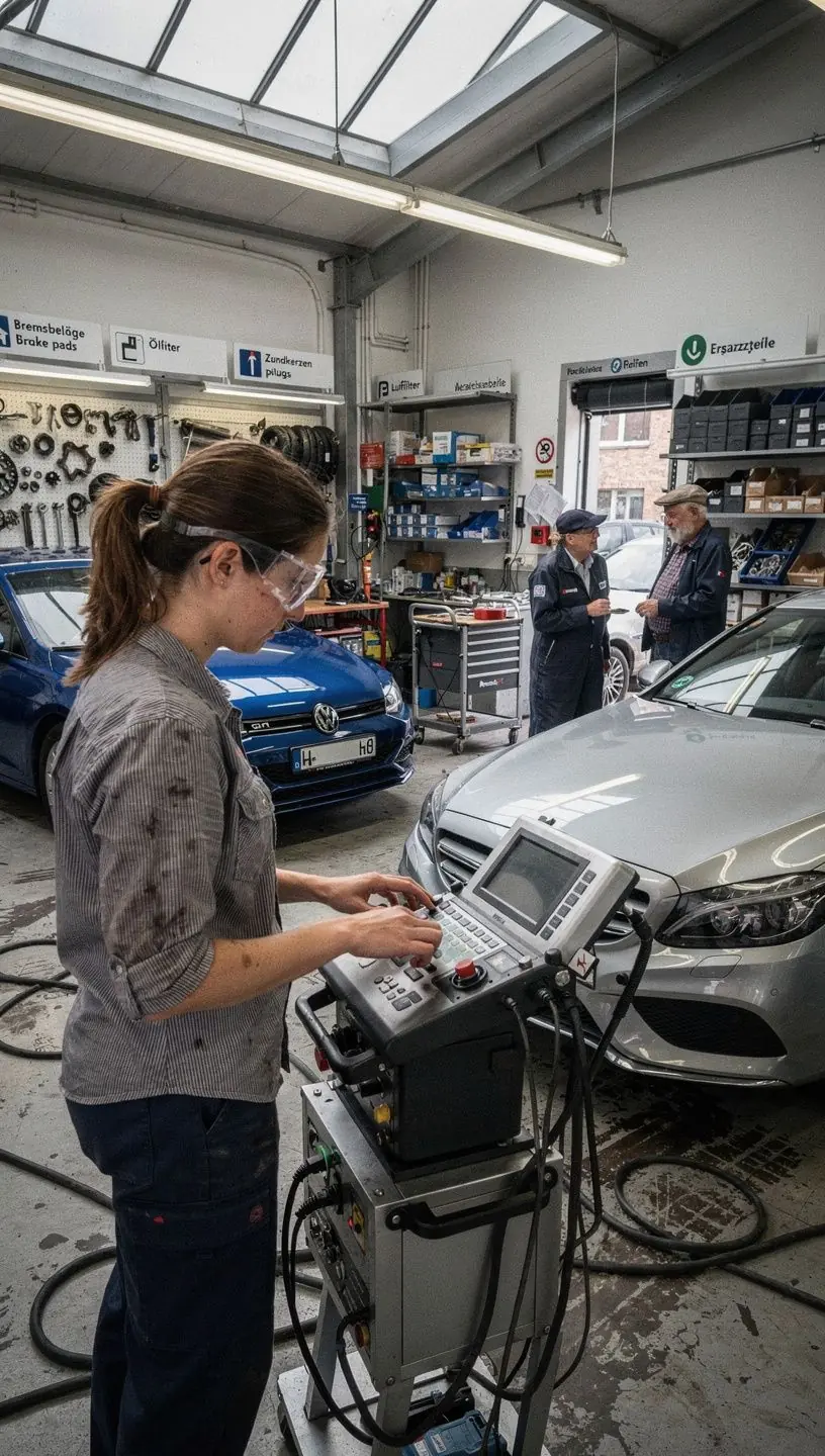 Fachmännischer Mechaniker inspiziert Fahrzeugmotor in integrierter Serviceeinrichtung